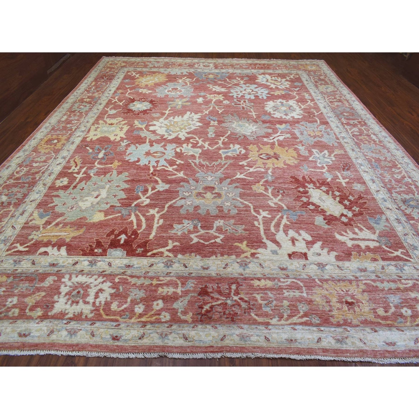 11'9"X14'8" Coral Red Hand Knotted Afghan Angora Oushak Natural Wool Rug