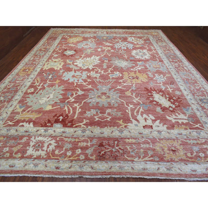 11'9"X14'8" Coral Red Hand Knotted Afghan Angora Oushak Natural Wool Rug