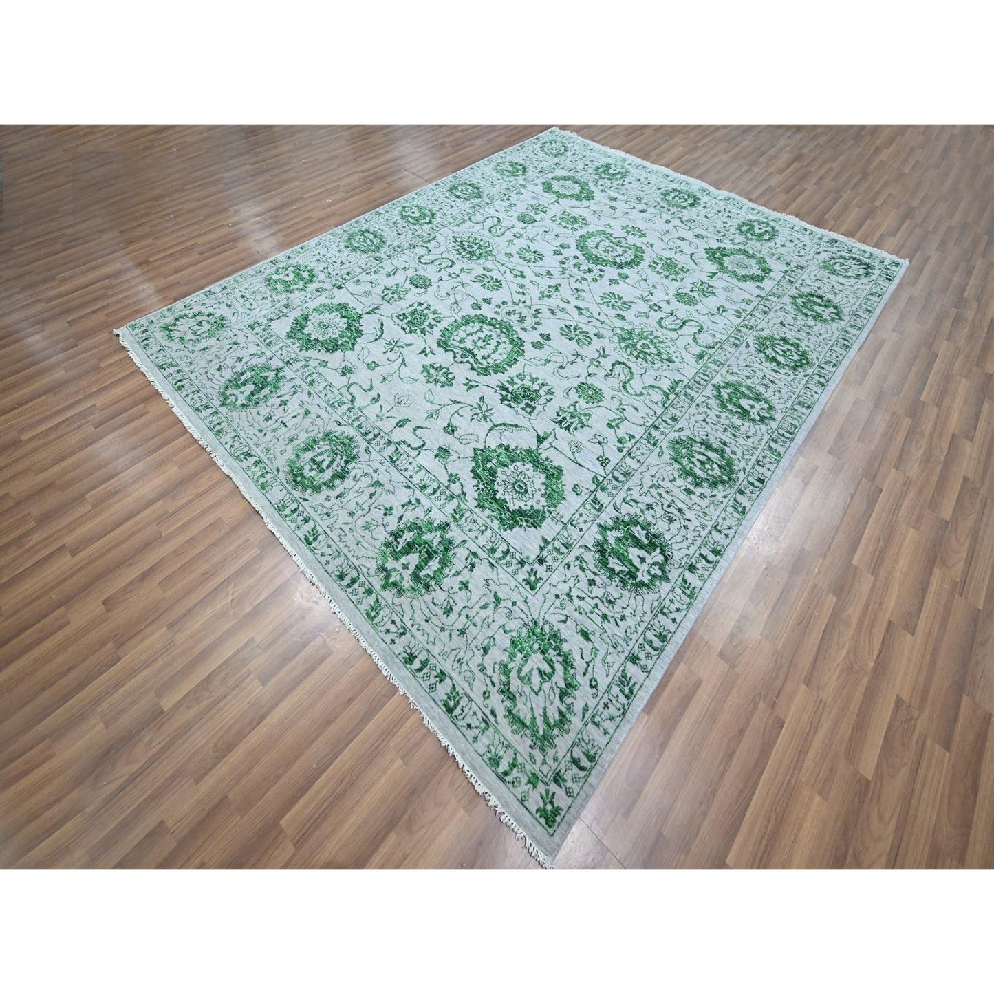 8'X10'1" White & Green Zoroastrian Influence Design Wool Hand Knotted Rug