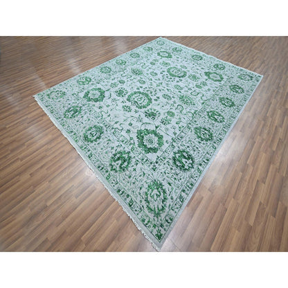 8'X10'1" White & Green Zoroastrian Influence Design Wool Hand Knotted Rug