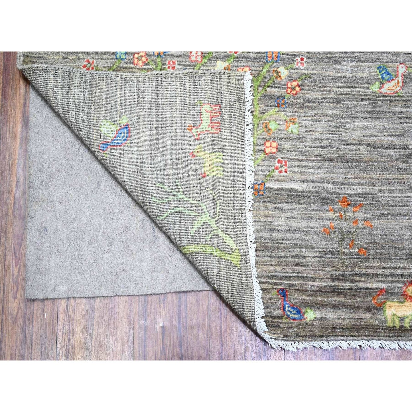 8'X9'5" Gray Folk Art Willow Cypress Tree Design Wool Hand Knotted Rug