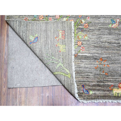 8'X9'5" Gray Folk Art Willow Cypress Tree Design Wool Hand Knotted Rug