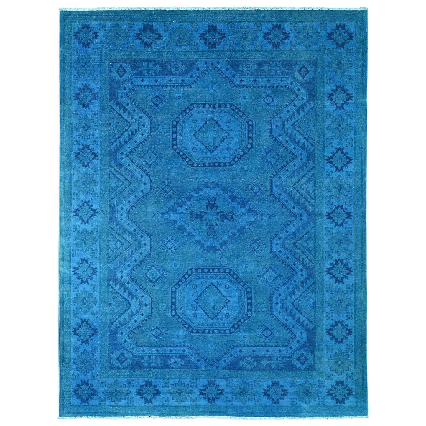 7'8"X10'1" Blue Hand Knotted Overdyed Kazak Geometric Design All Wool Rug