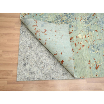 9'X12'3" Green With Beige Abstract Design Pure Wool Hand Knotted Rug