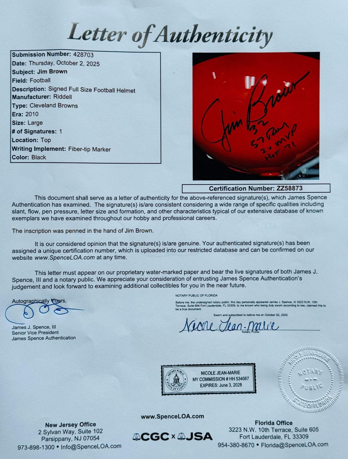 (JSA) Jim Brown Autographed Cleveland Browns Full Size Authentic Stat Helmet