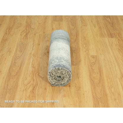 2'7"X10' Pitch Black Abstract Design Wool-Silk Hand Knotted Runner Rug