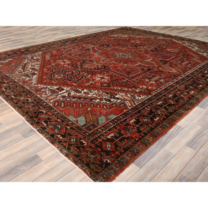 9'9"X12'4" Tomato Red Vintage Zoroastrian Heris Worn Wool Hand Knotted