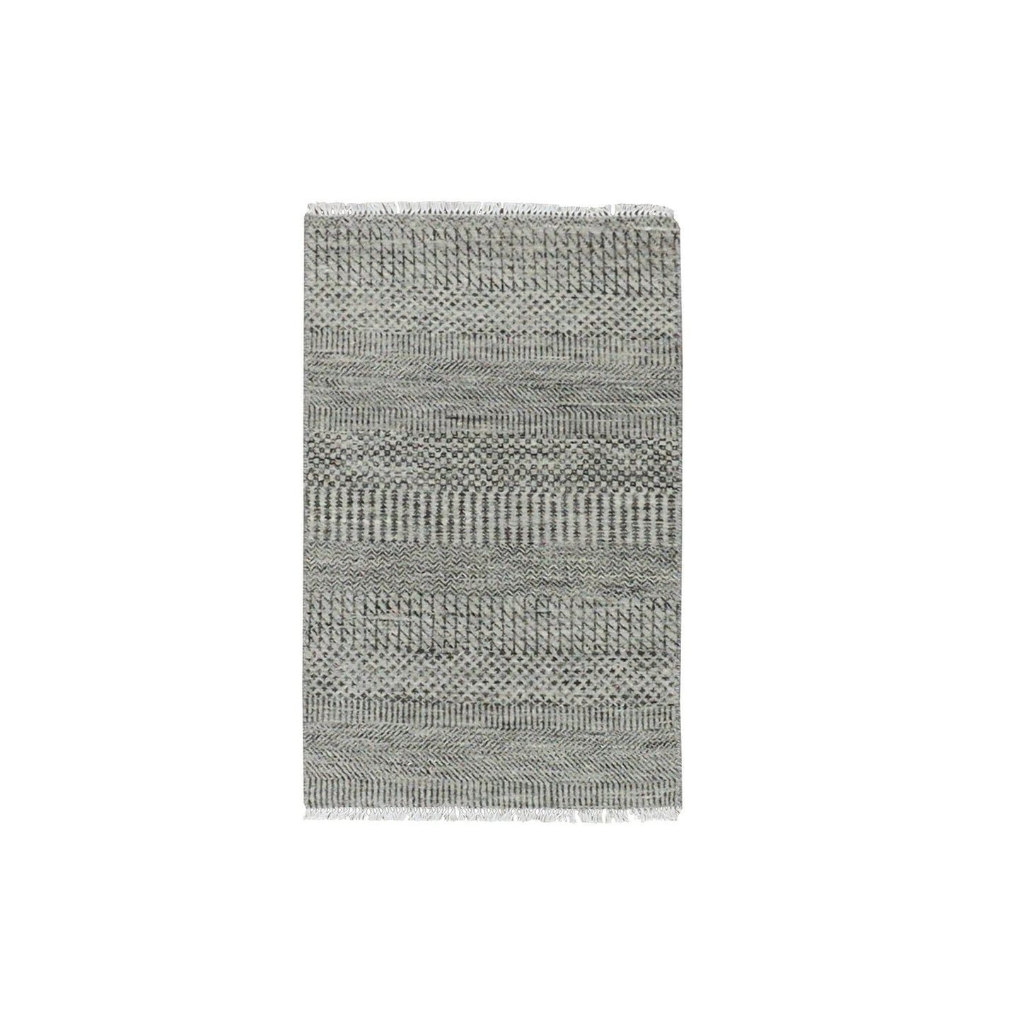 2'X3'2" Gentle Gray Modern Hand Knotted Grass Design Undyed Wool Mat Rug