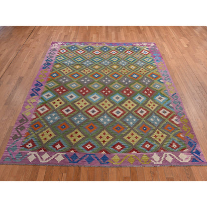 8'4"X9'10" Pickle Green 100% Wool Afghan Kilim Flat Weave Hand Woven Rug