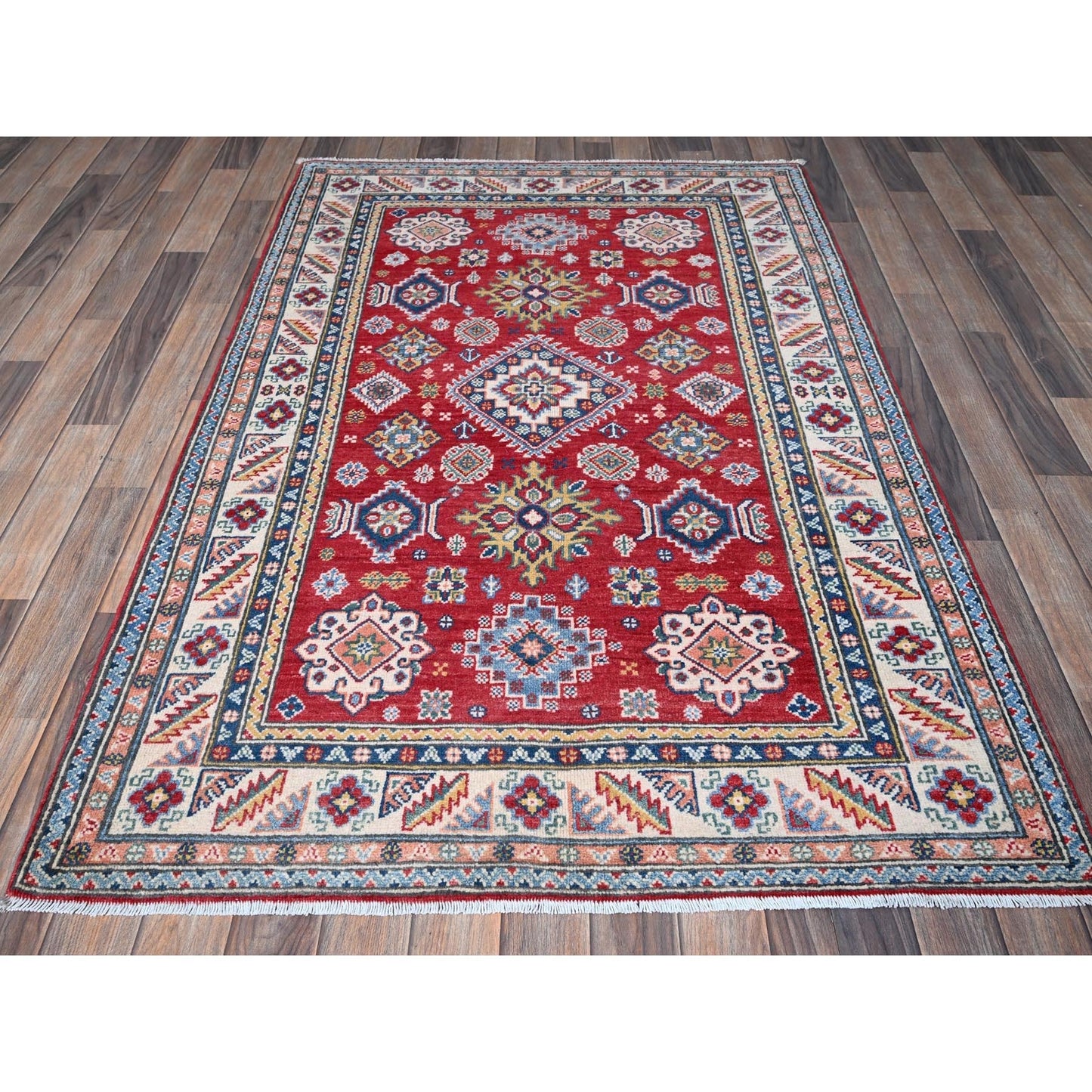 4'X6' Red Kazak With Geometric Medallions Design Soft Wool Hand Knotted Rug