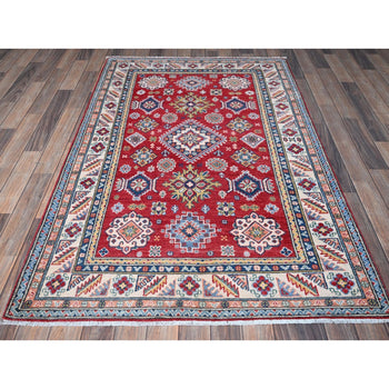 4'X6' Red Kazak With Geometric Medallions Design Soft Wool Hand Knotted Rug