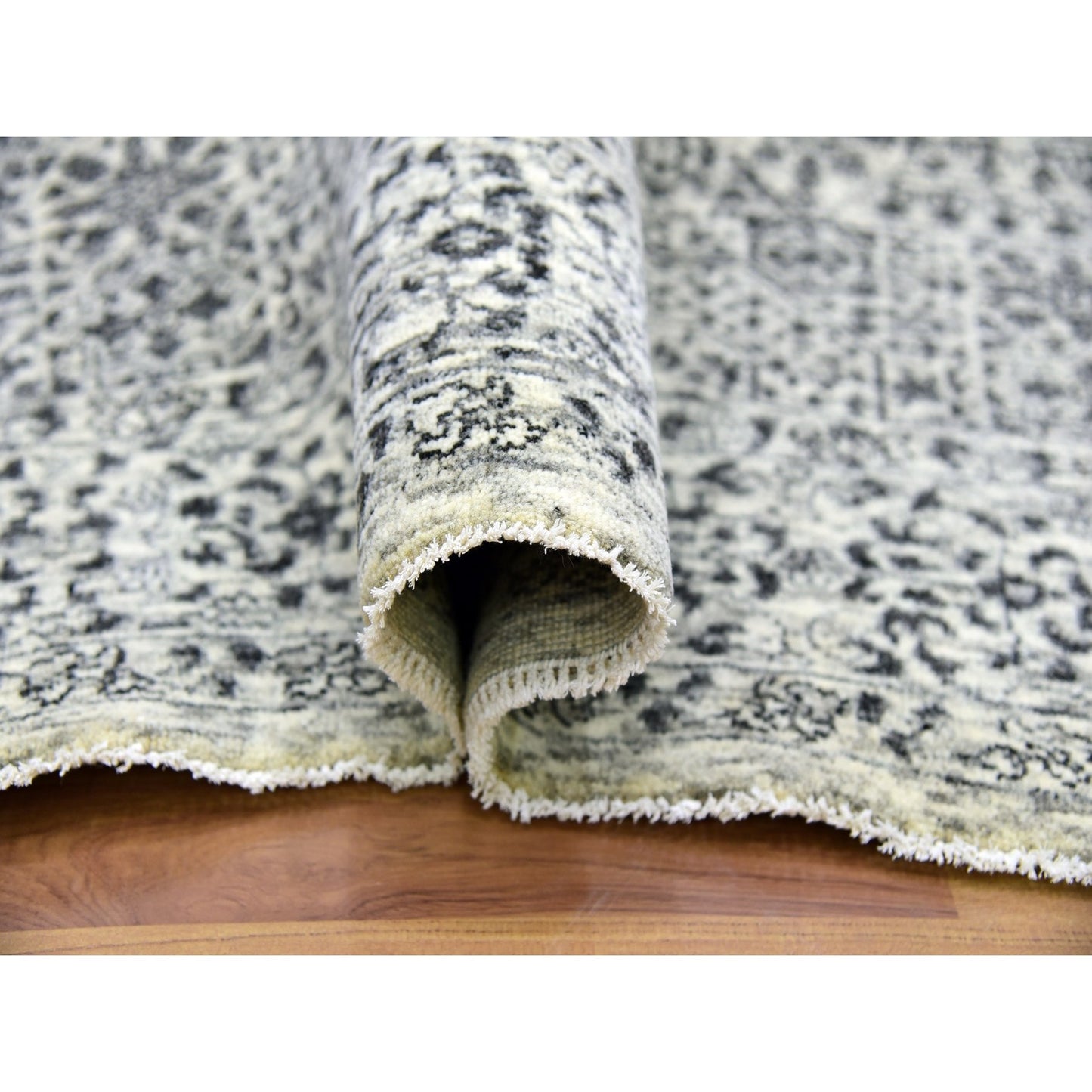 6'1"X9'3" White Hand Knotted Mamluk Dynasty Design Undyed 100% Wool Rug