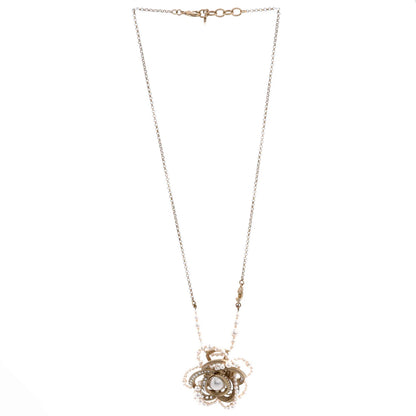 Chanel Camellia Pendant Necklace Metal With Crystals And Faux Pearls