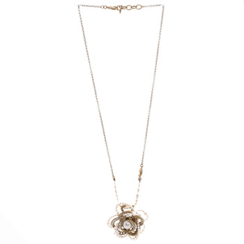 Chanel Camellia Pendant Necklace Metal With Crystals And Faux Pearls