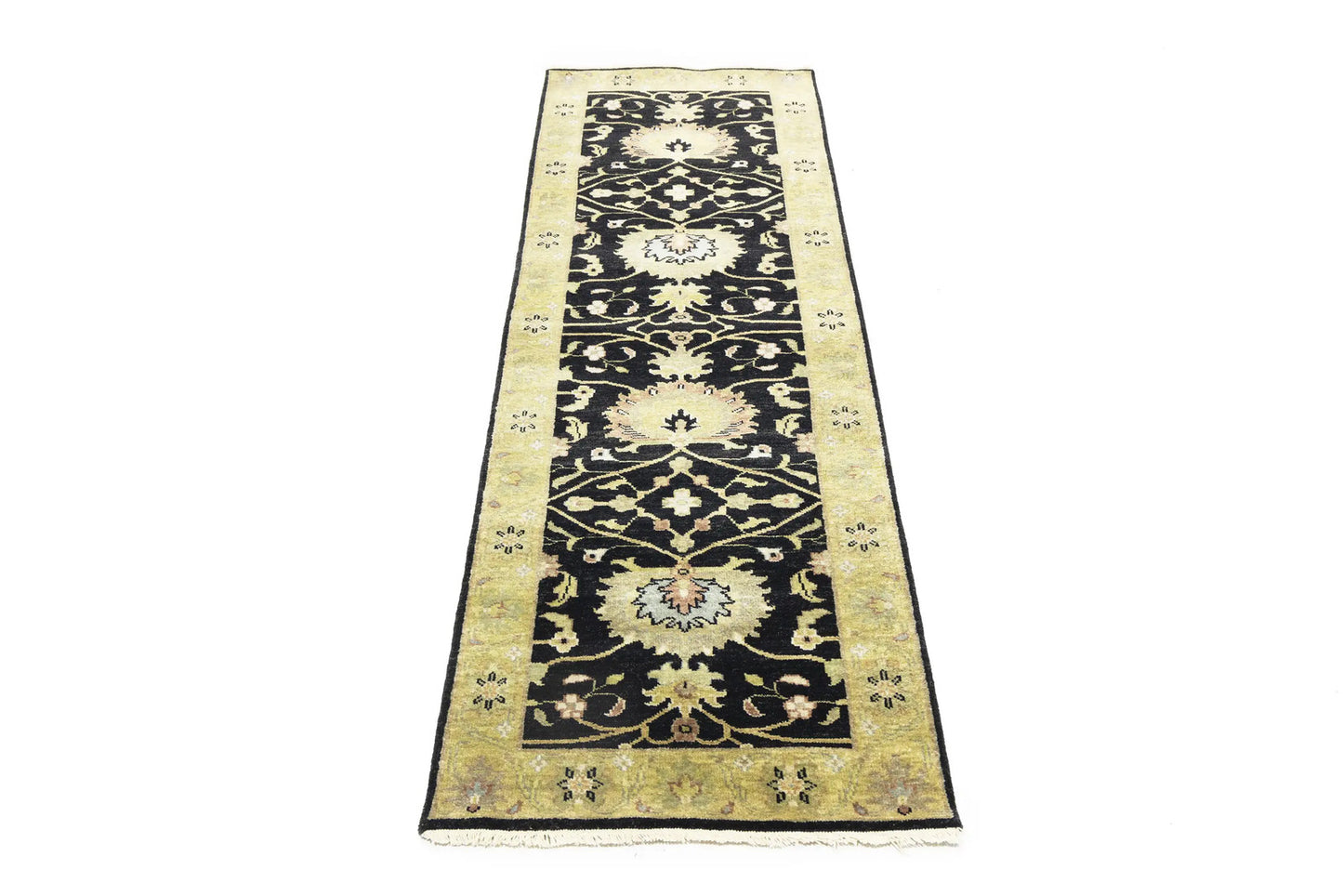 Hand-Knotted Oushak Oriental Wool Runner Rug Floral Black Carpet 2'5x7'11 ft
