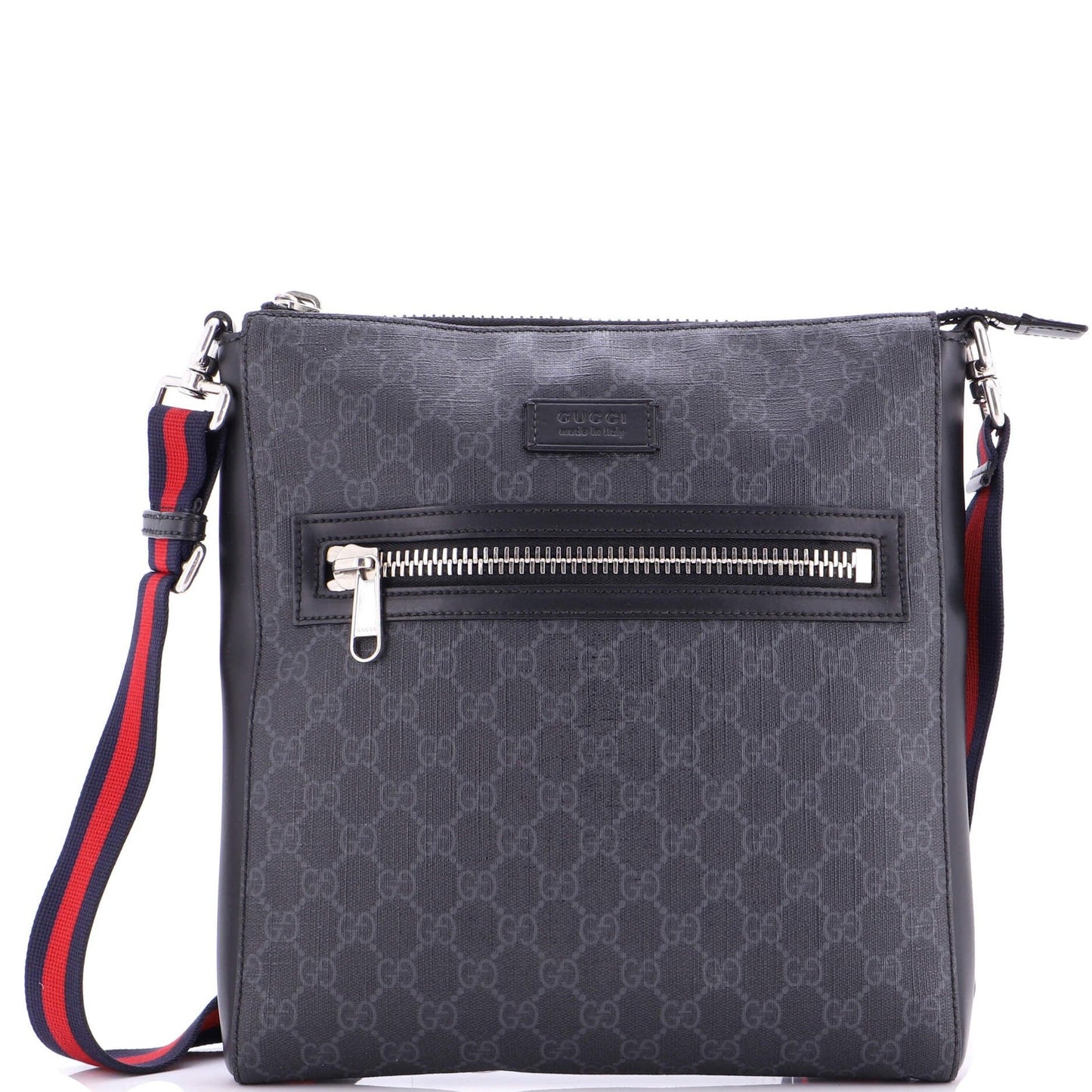 Gucci Web Strap Front Zip Messenger Bag Gg Coated Canvas Medium