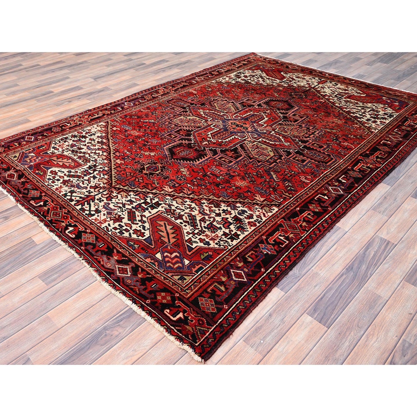 6'7"X9'3" Vivid Auburn Red Hand Knotted Vintage Wool Heris Oriental Rug