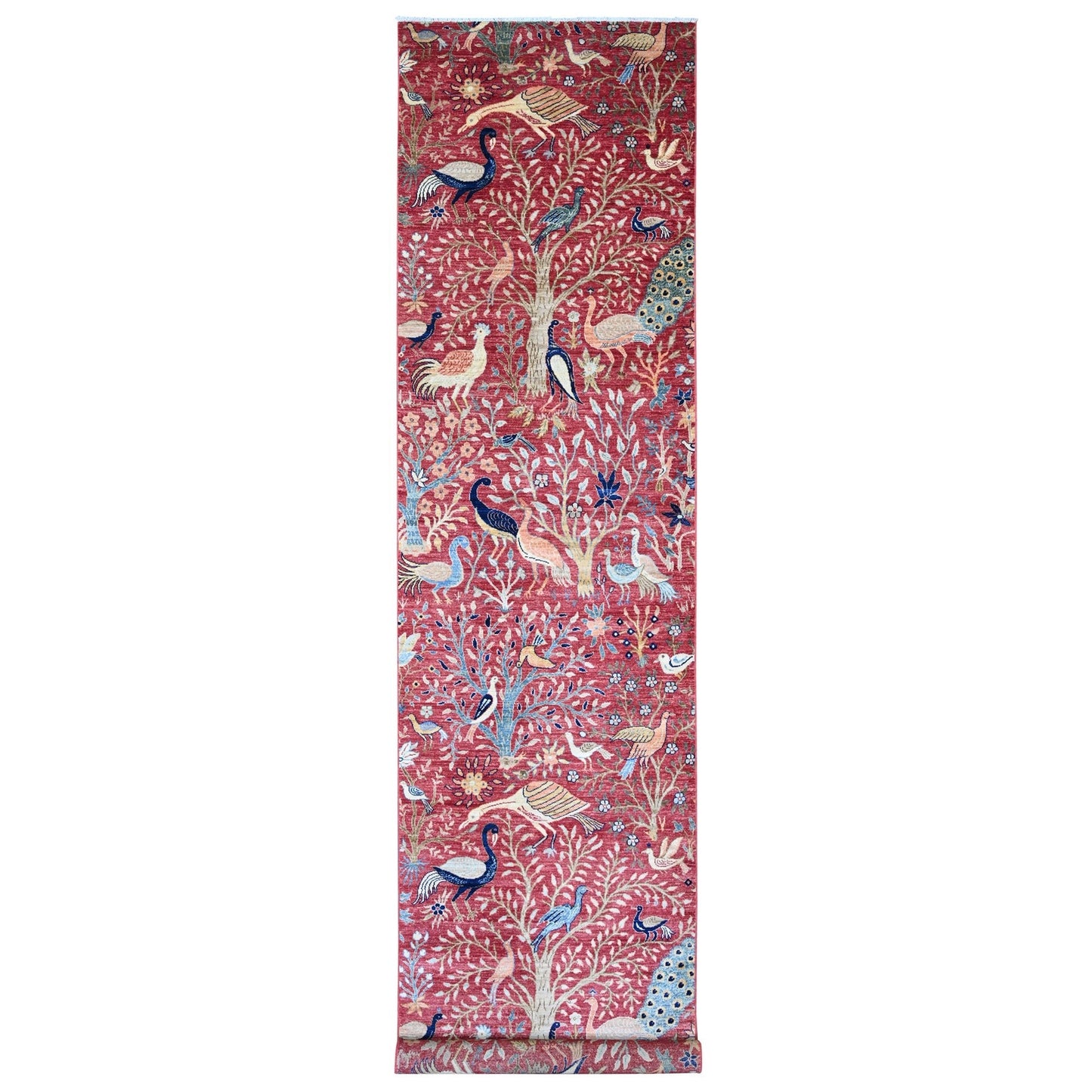 3'10"X16'2" Red Peshawar Birds Design Hand Knotted Pure Wool Runner Rug