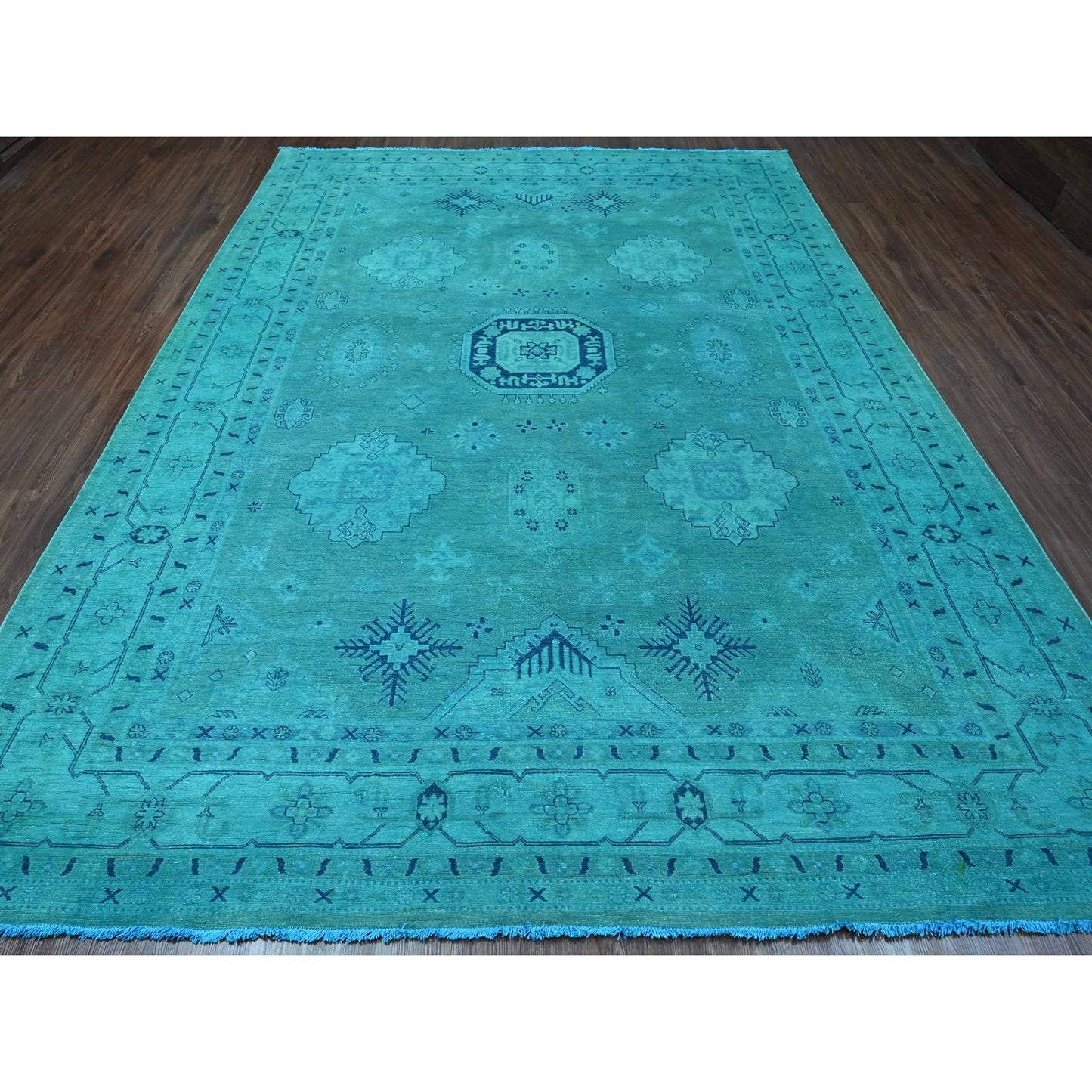 8'9"X11'7" Teal Overdyed Kazak All Over Design Hand Knotted 100% Wool Rug