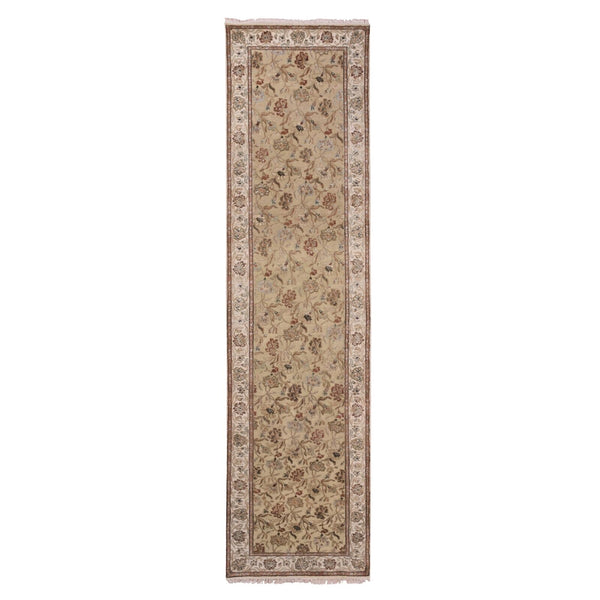 3'X12'1" Green Hand Knotted Rajasthan Design Silk And Wool Runner Rug