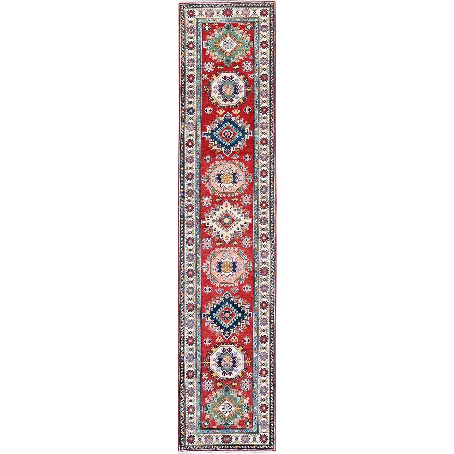 2'7"X12'7" Red Kazak With Medallions Design Hand Knotted Wool Runner Rug