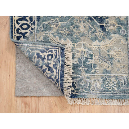 2'X3' Blue-Teal Erased Wool And Silk Hand Knotted Broken Farsian Mat Rug