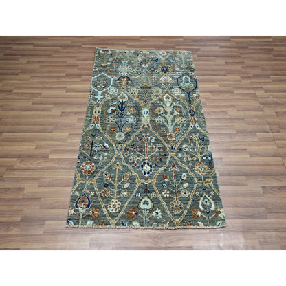3'1"X5'1" Green Wool Hand Knotted Rug Trellis Borderless Garden Design