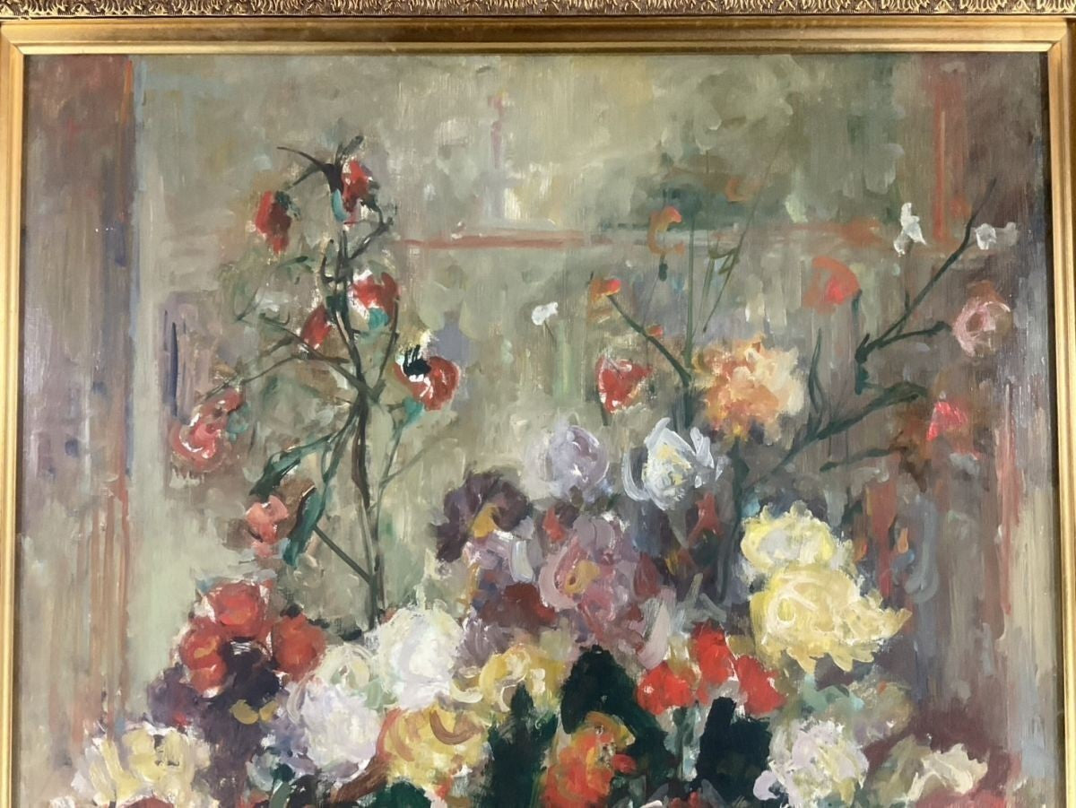 Signed Oil Painting Flowers Blue Teacup Framed Still Life