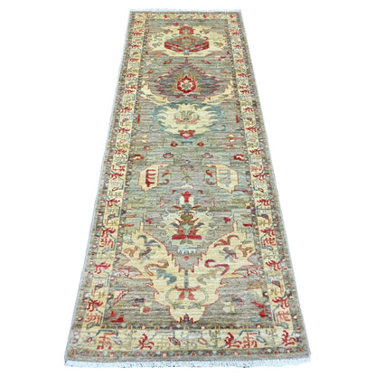2'7"X7'7" Gray Heris With Dragon Design Pure Wool Hand Knotted Runner Rug