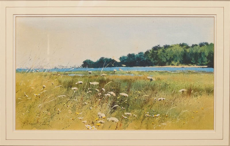 Richard Thorn Signed British Watercolor Landscape Painting Lake Meadow