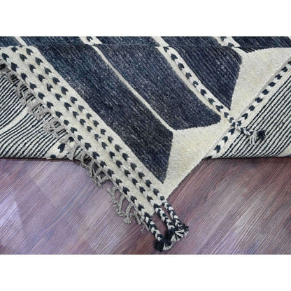 10'4"X14'2" Black Moroccan Weave Line Design Soft Wool Hand Knotted Rug