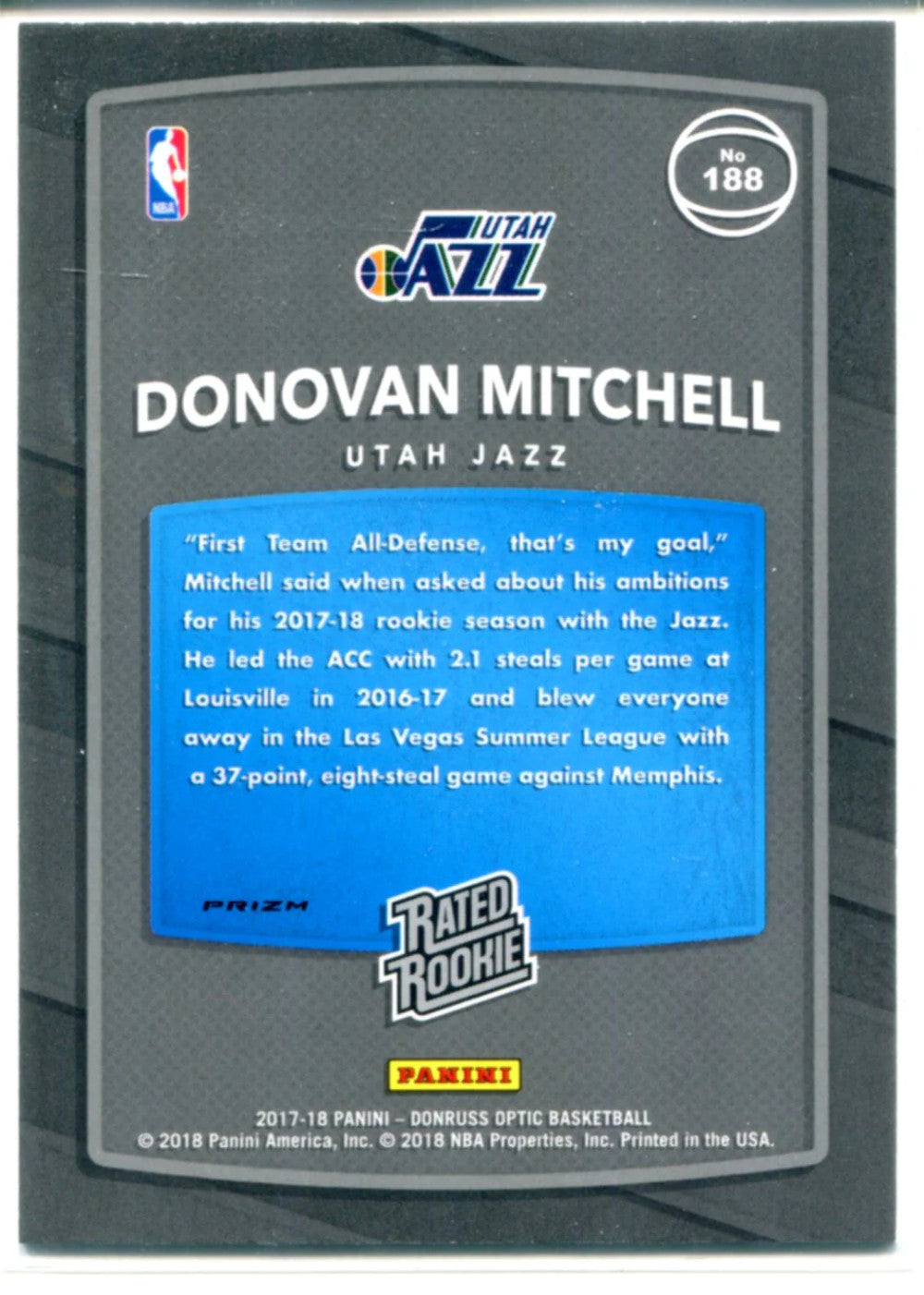 Donovan Mitchell 2017-18 Panini Donruss Optic Blue Velocity Rated Rookie Card #1