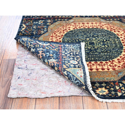 2'9"X10'2" Navy Blue Mamluk Design Soft Wool Hand Knotted Runner Rug