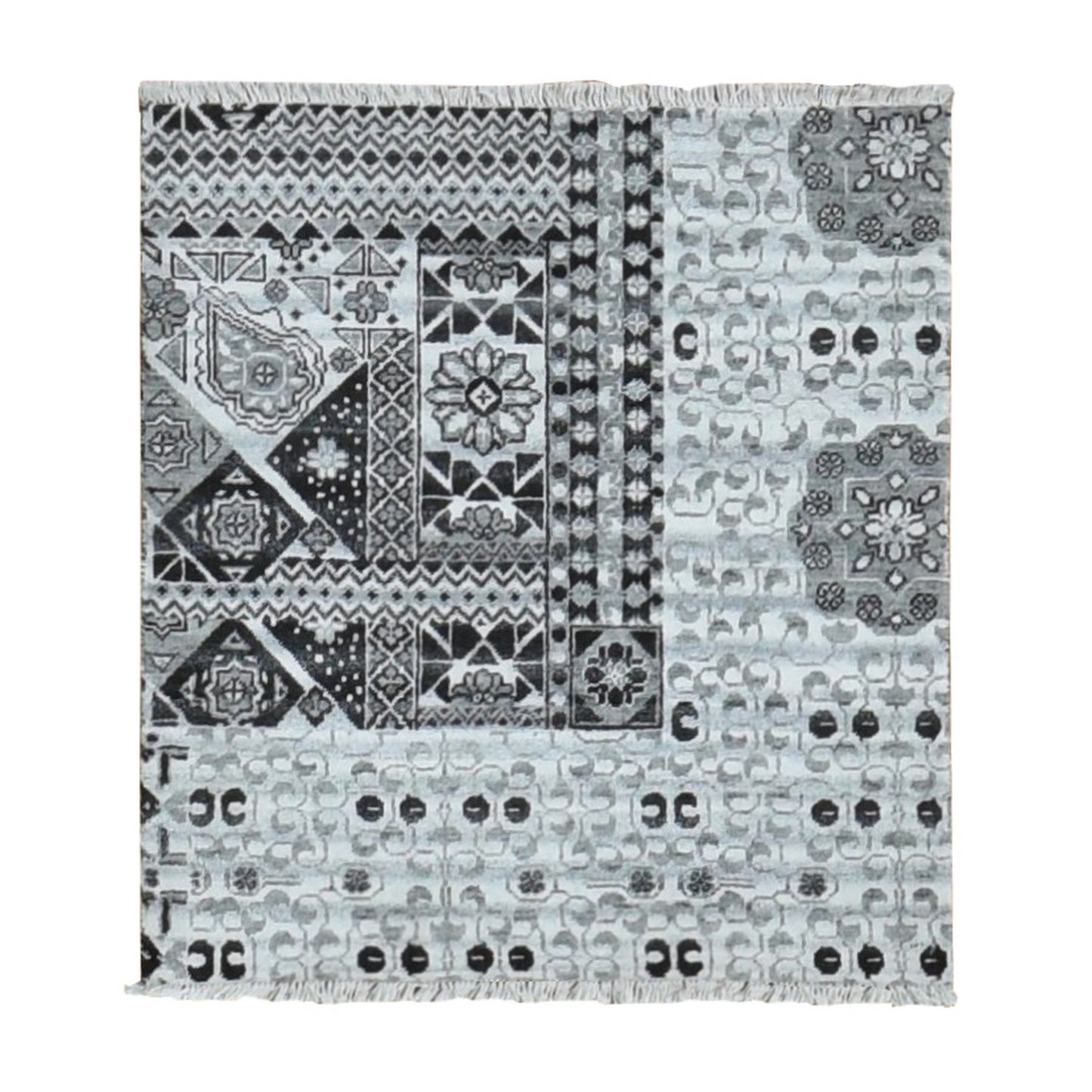 2'8"X3' Cloud Gray Sampler Mamluk Design Pure Wool Hand Knotted Rug