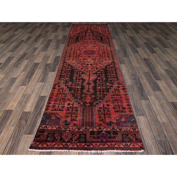 3'X11' Dark Coral Overdyed Vintage Zoroastrian Hand Knotted Wool Runner Rug