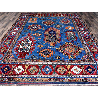 8'1"X9'10" Blue Afghan Caucasian Design Revival Hand Knotted Soft Wool Rug