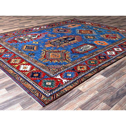 8'1"X9'10" Blue Afghan Caucasian Design Revival Hand Knotted Soft Wool Rug