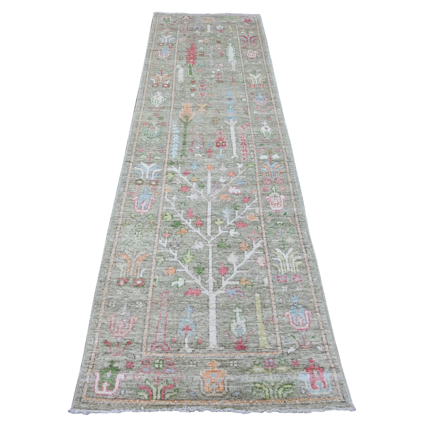 2'9"X9'10" Green Angora Oushak Tree Design Wool Hand Knotted Runner Rug