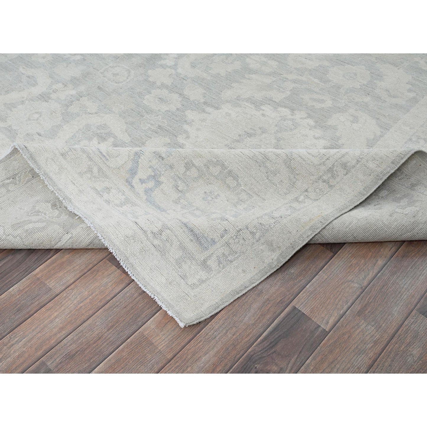 8'9"X11'10" Gray White Wash Peshawar Leaf Design Hand Knotted Pure Wool Rug