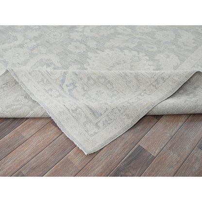 8'9"X11'10" Gray White Wash Peshawar Leaf Design Hand Knotted Pure Wool Rug
