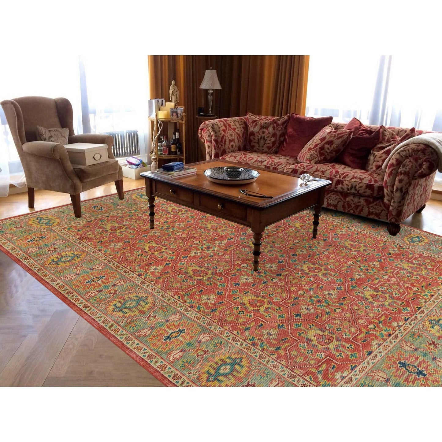 9'X11'9" Red Hand Knotted Antiqued Oushak Design Soft Wool Oriental Rug