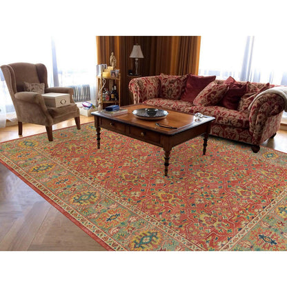9'X11'9" Red Hand Knotted Antiqued Oushak Design Soft Wool Oriental Rug