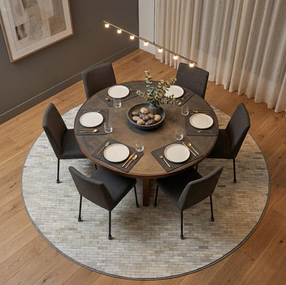 Hand Crafted Beige Brown Cowhide Leather Rug Round Modern Carpet