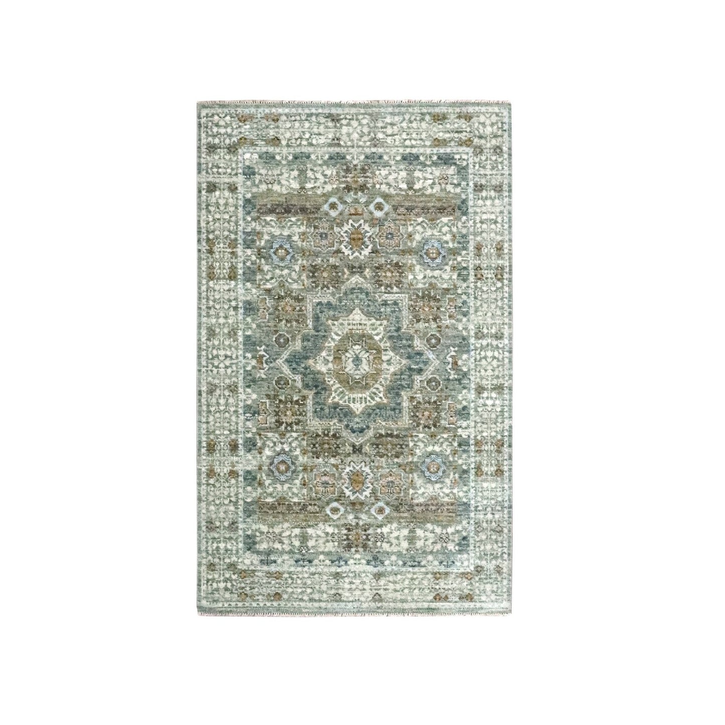 3'X5'1" Sage Green Pure Wool Rug Hand Knotted Pre Historic Mamluk Design