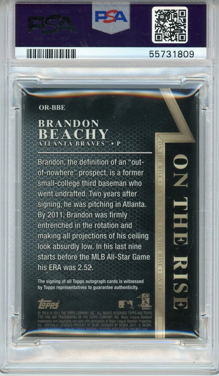 Brandon Beachy Autographed 2011 Topps Tier One On The Rise Card #Or-Bbe (Psa 10)