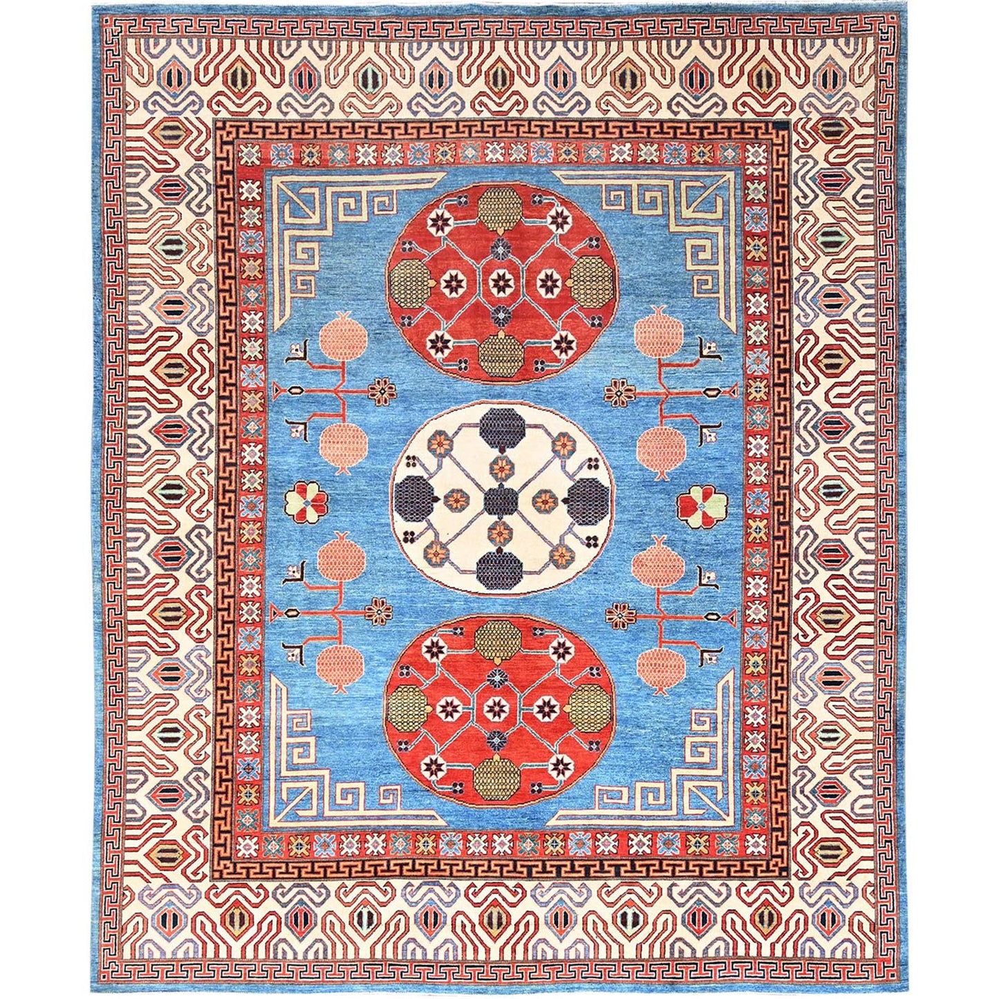 9'1"X11'9" Blue Khotan Design Hand Knotted Soft Wool Oriental Rug