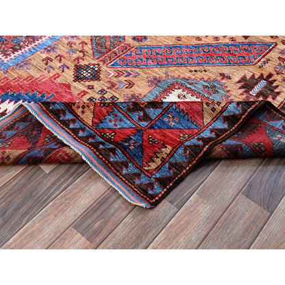 6'1"X8'4" Ochre Brown Afghan Caucasian Design Revival Hand Knotted Wool Rug