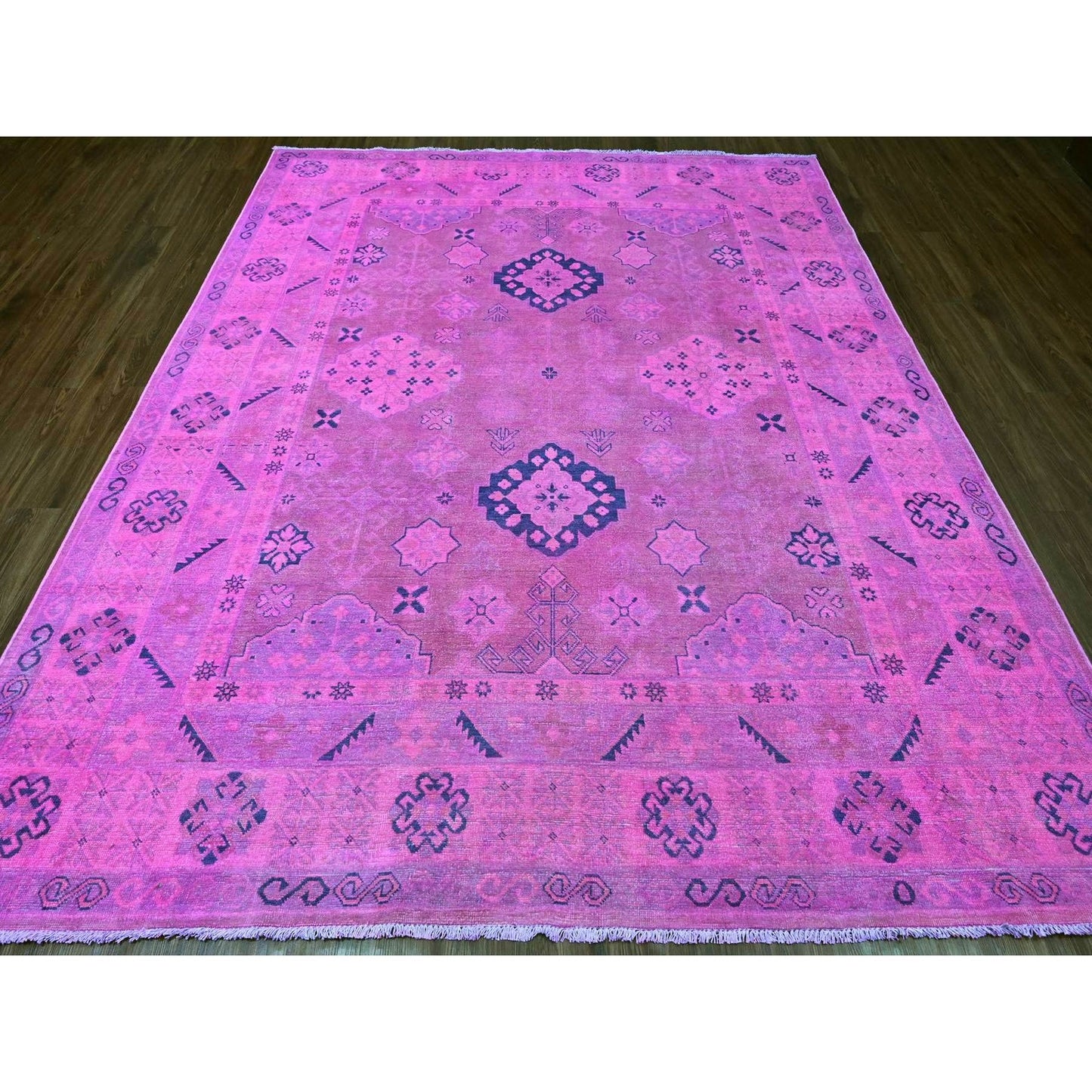 8'X9'7" Hot Pink Overdyed Kazak Geometric Design Hand Knotted Wool Rug