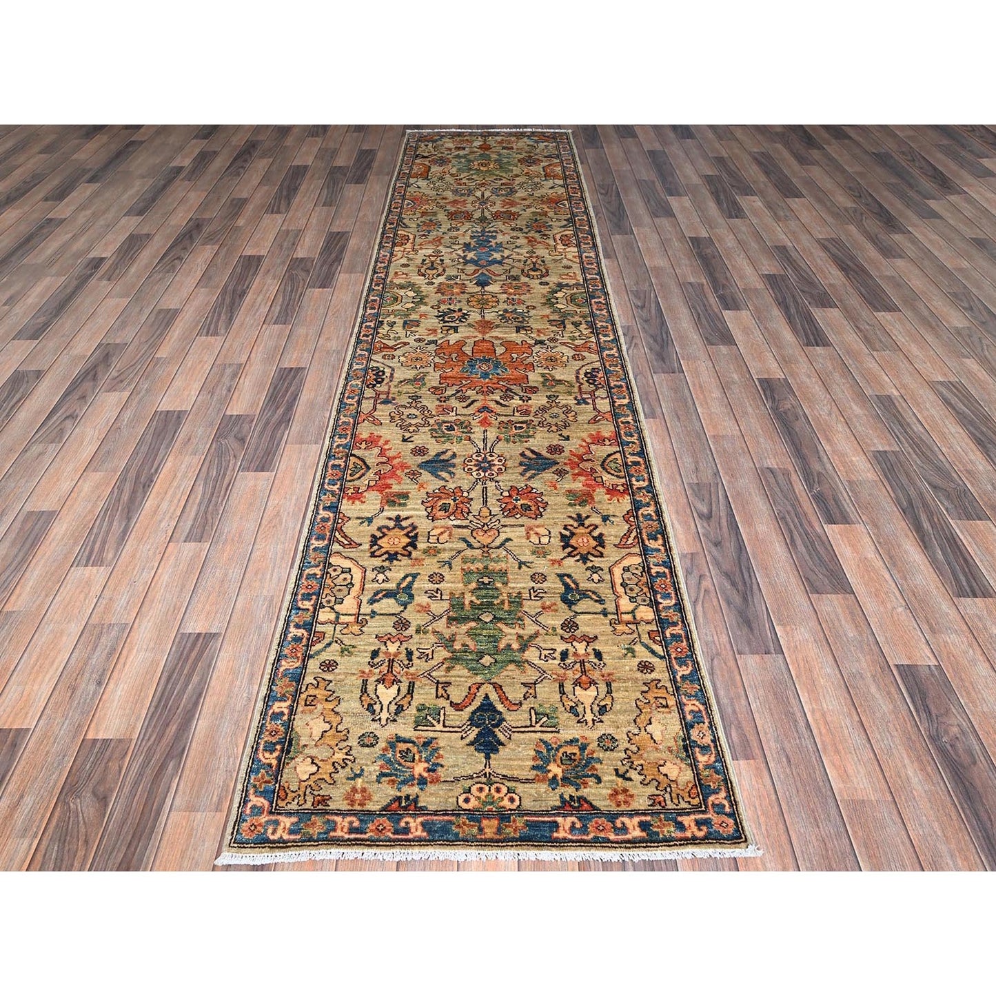 2'10"X12' Light Green Heris All Over Design Wool Hand Knotted Runner Rug