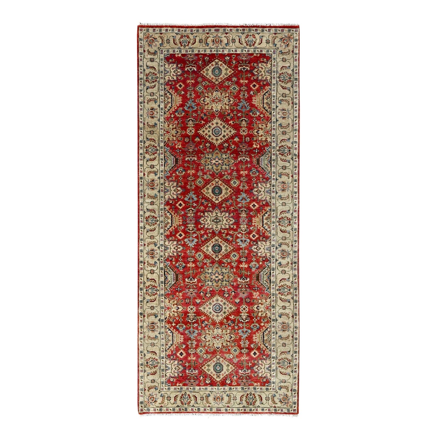 4'1"X9'10" Red Devil Hand Knotted Karajeh Design Wide Runner Oriental Rug